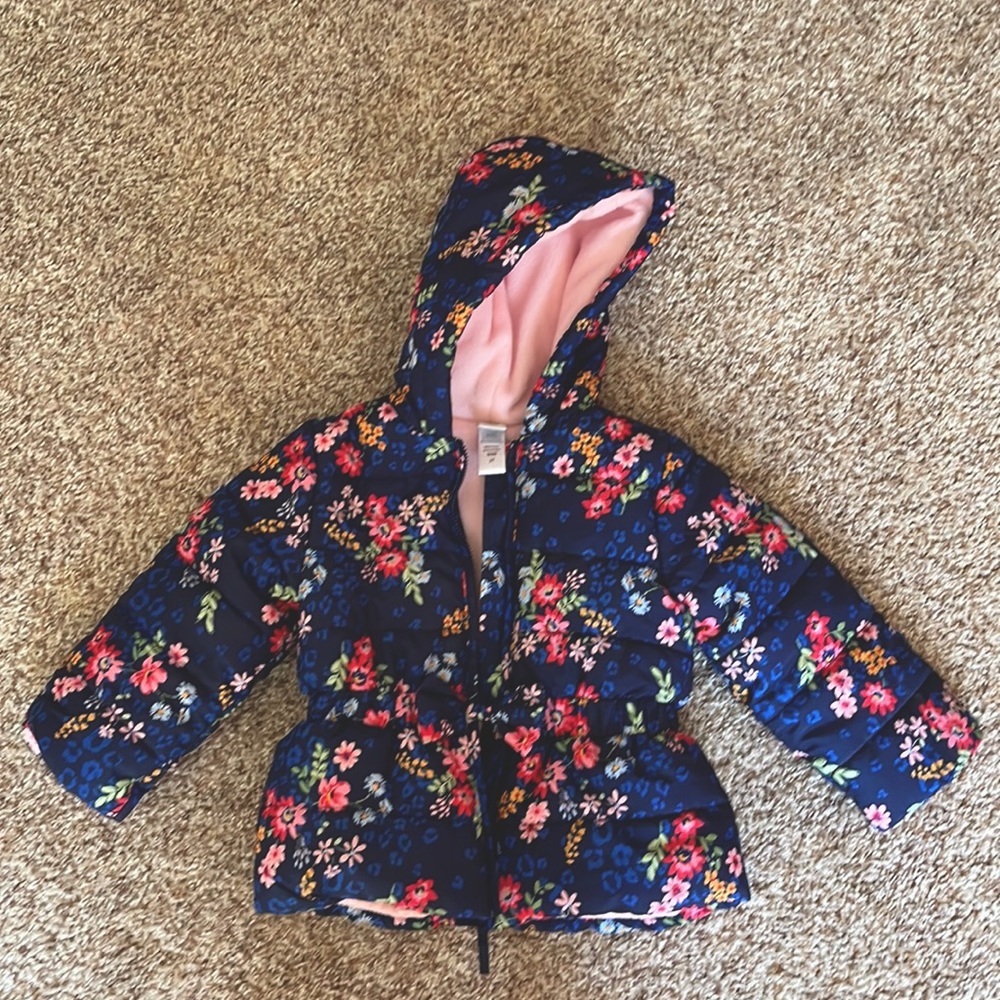 Little Me puff jacket navy floral fleece lined sz 2t